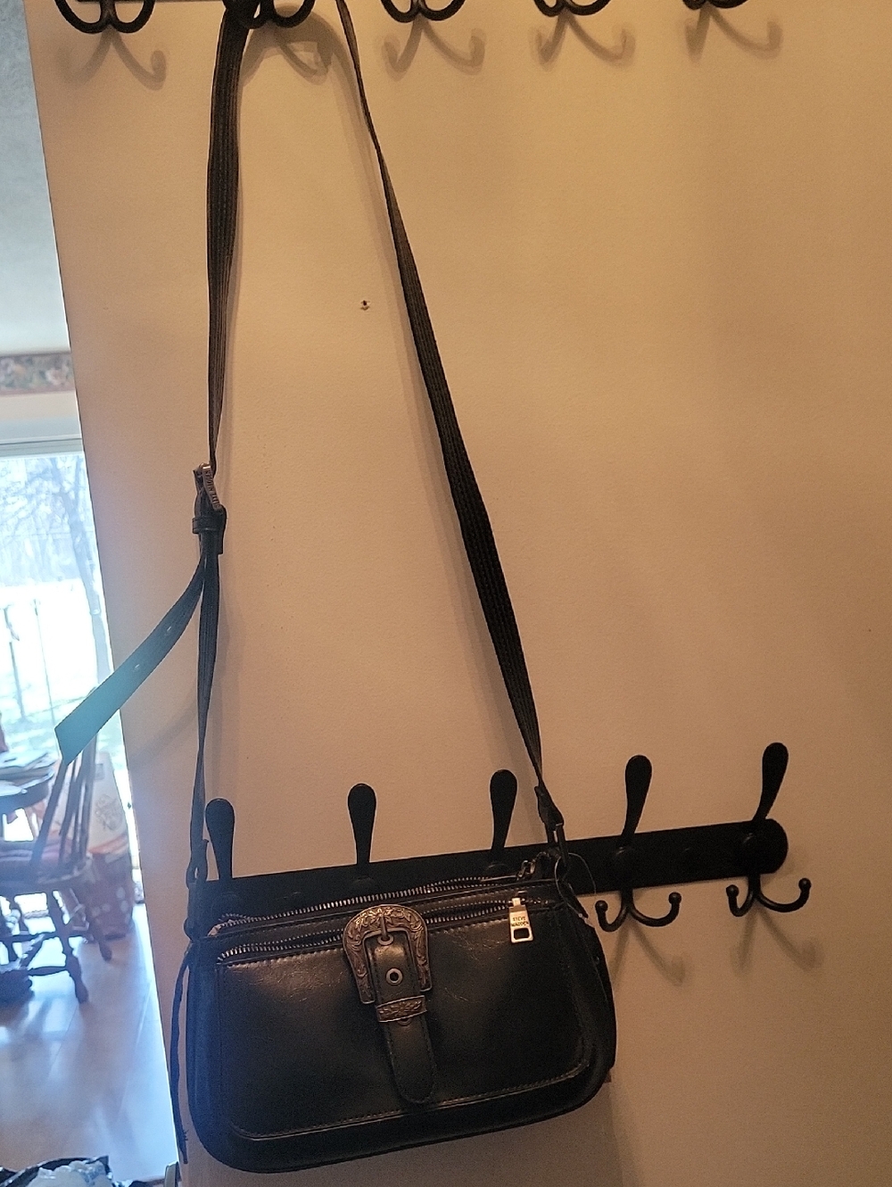 Steve Madden Black Leather Crossbody Bag with Antiqued Buckle